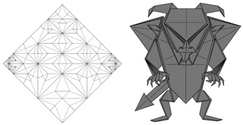 1枚の紙から作られたとは思えない前川淳氏による作品「悪魔」。展開図の左右の端の複雑な折り目が手の部分に対応しています