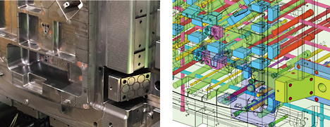 インジェクション金型の冷却回路（左：金型写真　右：Space-E金型モデル）