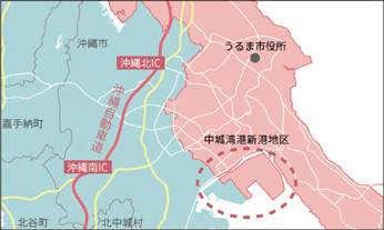 mdn様とNDESが隣り合って入居する素形材産業振興施設の建つ中城湾港新港地区。うるま市と沖縄市にまたがるこの地区は、半導体・電子部品関連やFA・ロボット関連、航空整備パーツなど高付加価値製品を扱う企業をはじめ特色ある企業が立地しています。