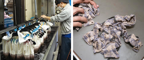 内田染工場が得意とするグラデーション染めをはじめ、さまざまな技法を組み合わせることで、一点物のような製品の量産化を実現。右側は人形の上着。