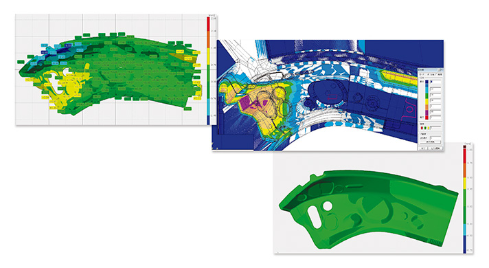解析結果のスプリングバック量の確認（ASU/P-form）（左）、解析結果を加工用モデルに反映（Space-E）（右上）、製品の精度の確認（ATOS）（右下）