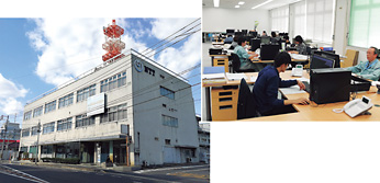新事業所の外観（NTT尾道ビル）（左）、新事業所内の様子（右）